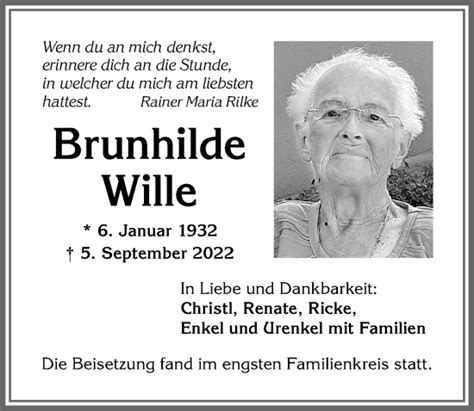 Traueranzeigen Von Brunhilde Wille Augsburger Allgemeine Zeitung