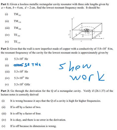 Part Given A Lossless Metallic Rectangular Cavity Chegg