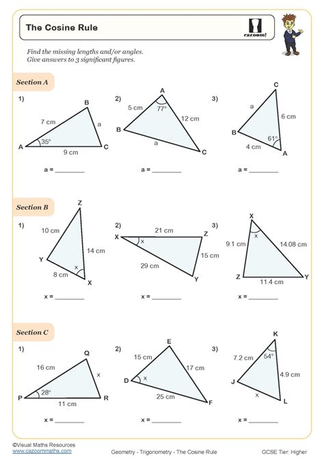 The Cosine Rule Worksheet | Cazoom Maths Worksheets