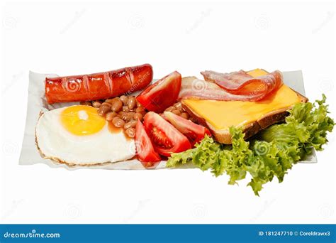 Delicious Fastfood Streetfood Breakfast Fried Egg Sausage Beans Meal On Paper Plate Royalty Free