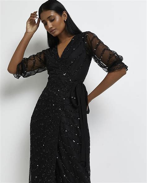 River Island Black Sequin Wrap Midi Dress Lyst