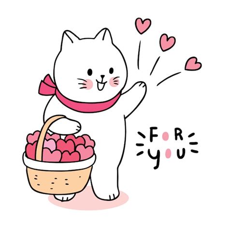 Premium Vector Cartoon Cute Valentines Day Cat And Hearts In Basket Vector