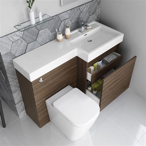 Walnut Bathroom Vanity Suite With Concealed Cistern Toilet And Sink