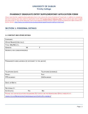 Fillable Online Supplementary Application Form Trinity College Dublin