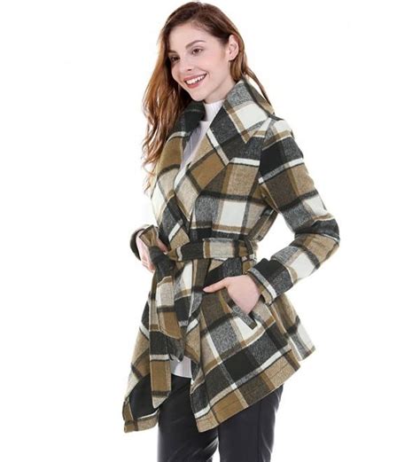 Womens Turn Down Collar Asymmetric Hem Plaids Wrap Coat Brown