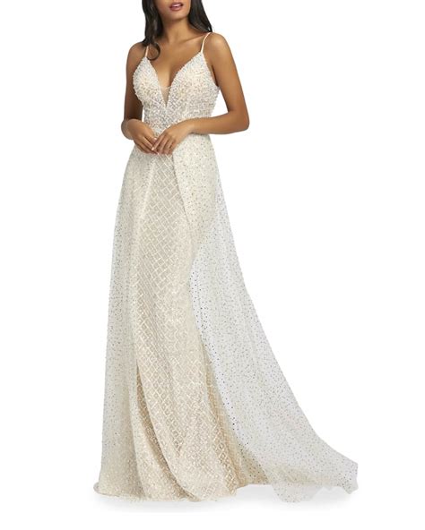 Mac Duggal Lattice Pearl Beaded Column Gown W Overskirt Neiman Marcus