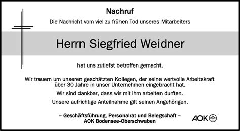 Traueranzeigen Von Siegfried Weidner Schwaebische De Trauerportal