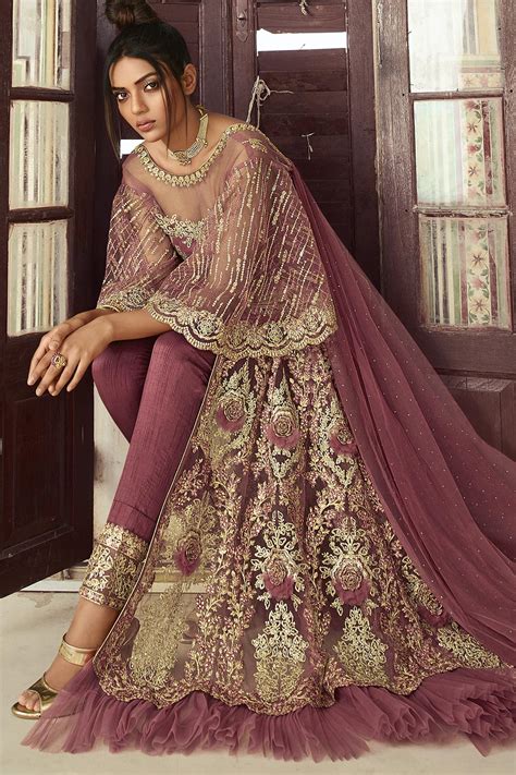 Buy Dusky Pink Zari Embroidered Anarkali Suit With Lehenga Pant Online Like A Diva