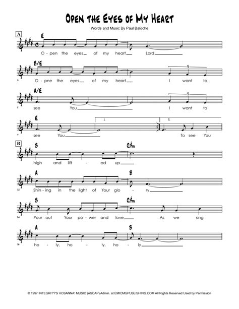 Open The Eyes Of My Heart By Paul Baloche Easy Piano Digital Sheet Music Sheet Music Plus