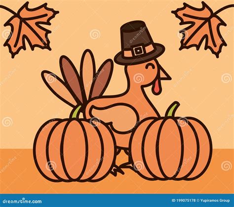 Día De Acción De Gracias Caricatura De Calabazas De Pavo Y Hojas De Arce Ilustración Del Vector