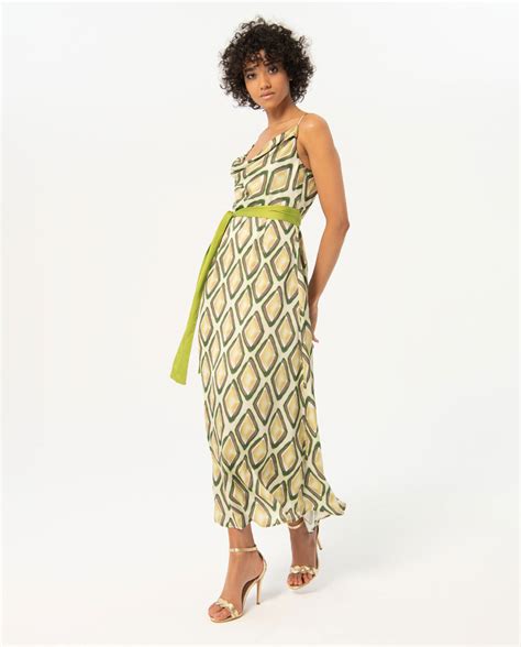 Printed Satin Long Dress Green Women Surkana