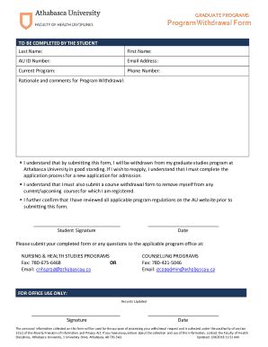 Fillable Online Fhd Athabascau Program Withdrawal Form Fhd Athabascau