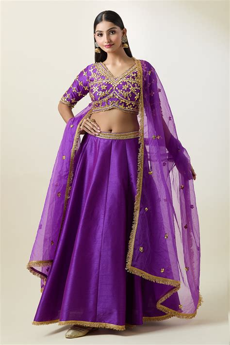 Buy Purple Blouse And Lehenga Dupion Embroidery Gota Patti V Neck