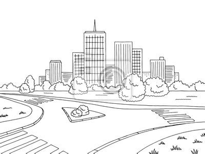 Street Road Graphic Black White City Landscape Sketch Illustration