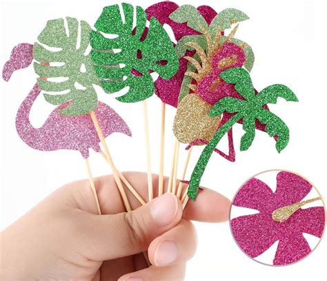 50 Pieces Tropical Hawaiian Cupcake Toppers Glittery Hawaii Cake Topper Flamingo Pineapple