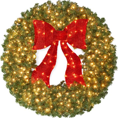 Pre Lit Artificial Fir Christmas Wreath W Red Bow Led Lights Best Choice Products