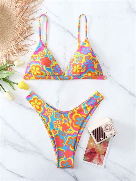 Allover Floral Print Triangle Bikini Swimsuit Shein Usa