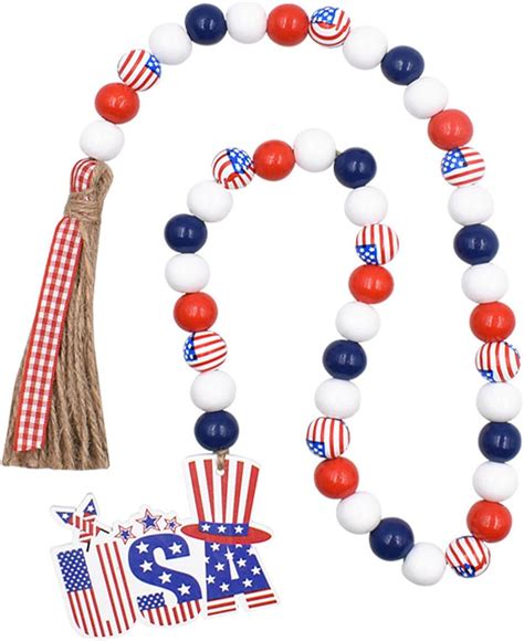 Jstnana Patriotic Wooden Beads Garland With Tassels 4th Of