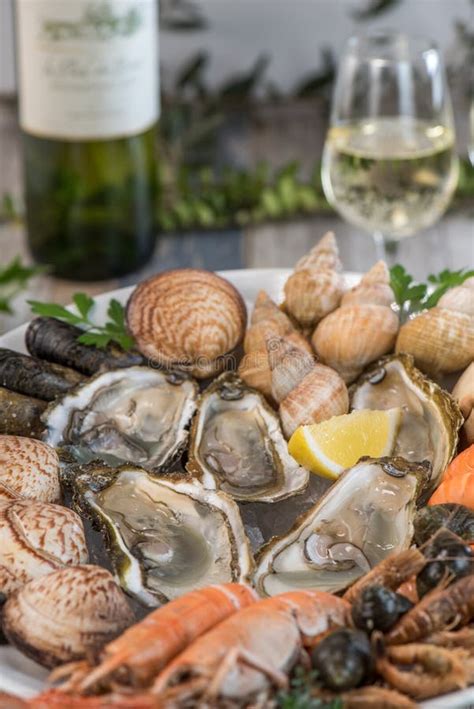 Fresh Seafood Platter With Lobster Mussels And Oysters Stock Photo