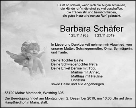 Traueranzeigen Von Barbara Sch Fer Vrm Trauer De