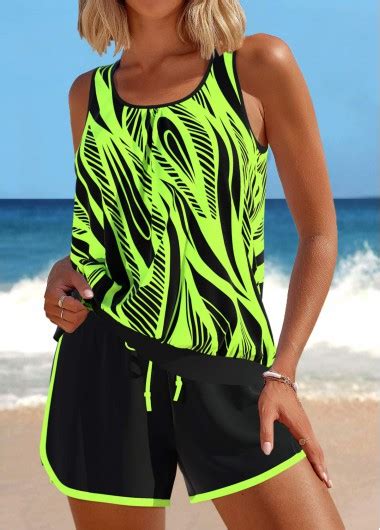 Patchwork Geometric Print Neon Green Tankini Set Modlily USD 38 98