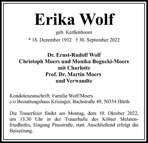 Traueranzeigen Von Erika Wolf WirTrauern