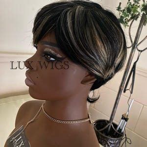 Cutey Is A Pixie Human Hair Wig Dark Brown Black Human Hair Pixie Wig With Blonde Highlights