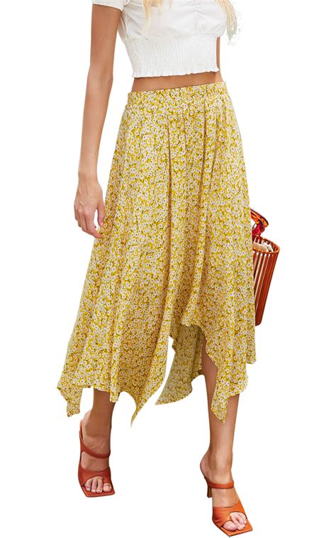 Hibluco Womens Midi Skirt High Waist Asymmetrical Floral Skirt Boho Skirts X Large A Yellow