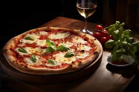 Premium Photo Margherita Pizza Served With A Glass Of Red Wine