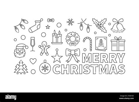 Merry Christmas Vector Linear Horizontal Banner Xmas Minimal