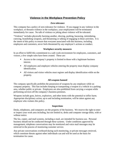 Violence In The Workplace Prevention Policy Form Fill Out And Sign Printable Pdf Template