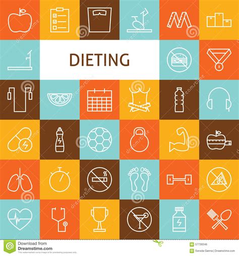 Vector Flat Line Art Modern Sport And Dieting Icons Set Stock Vector