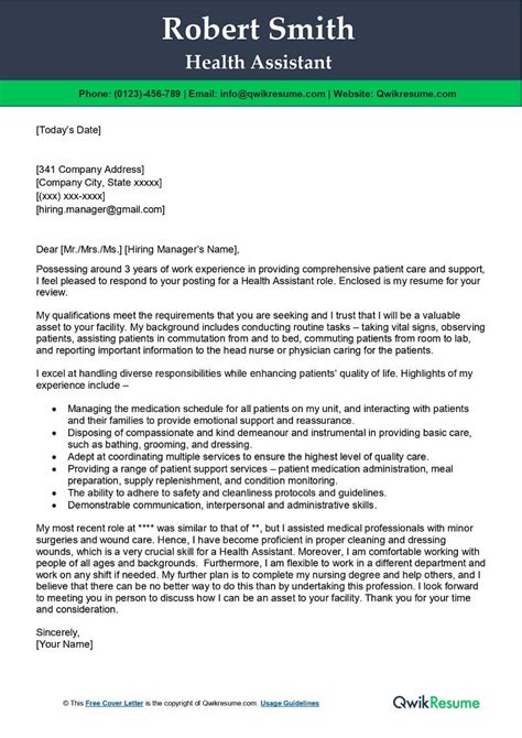 Health Assistant Cover Letter Examples Qwikresume