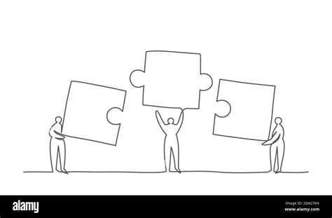 People Connecting Puzzle Elements One Line Drawing Business Teamwork