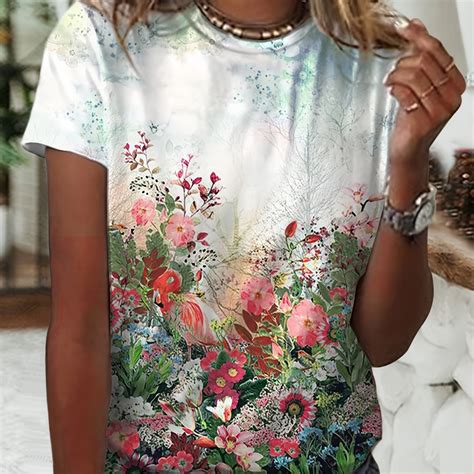 Womens Floral Print Short Sleeve Crew Neck Tops Casual Summer Daily