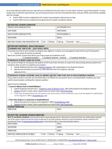 Fillable Online Ic Uci Reduced Course Load Request UCI International