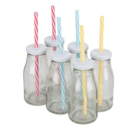 Set of Six Milk Bottles with Straws and Lids