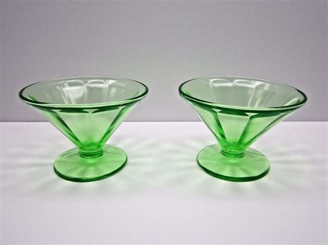 Depression Federal Glass Green Vaseline Optic Panel Footed Dessert Sherbet Cups Antique Price