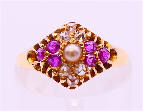 An Antique 18 Ct Gold Ruby Diamond And Pearl Ring Assayed Birmingham