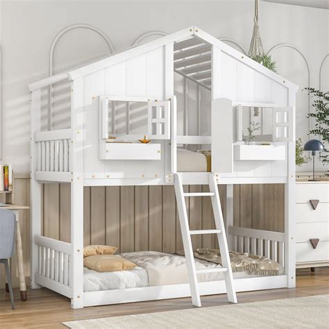 Bovza Twin Over Twin House Bunk Beds With Roof And Window Door Window