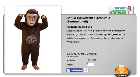 Der Gorilla Kost Me Unserer Maskottchen Lauffiguren F R Erwachsene