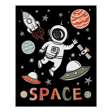 Outer Space Astronaut Rocket Ship Planets Poster Zazzle Astronauts