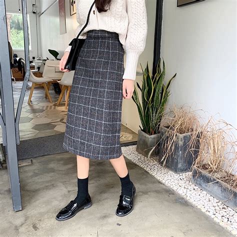 Fdfklak Retro Hong Kong Style Girlfriends Skirts Woolen Plaid Wild High Waist A Line Skirt