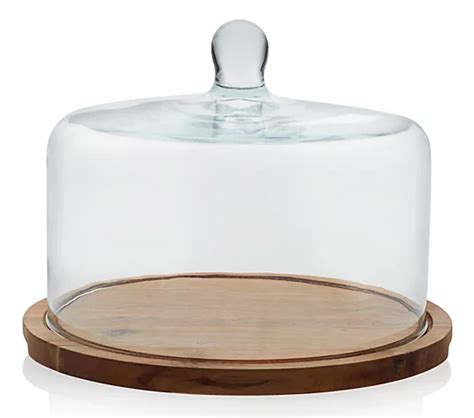 Libbey Acacia Wood Flat Cake Stand With Glass Dome