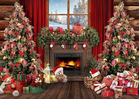 There Are Christmas Trees And Presents In Front Of The Fireplace