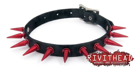 Rivithead S Black Leather Choker With Red Spikes