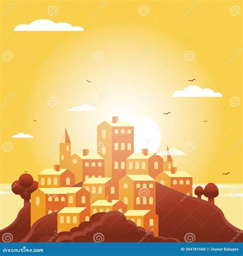 Creative Medieval Town Landscape with Sun and Clouds Stock Illustration ...
