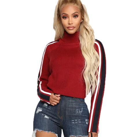 Striped Turtleneck Sweaters Fashion 2019 Women Knitted Clothing Long