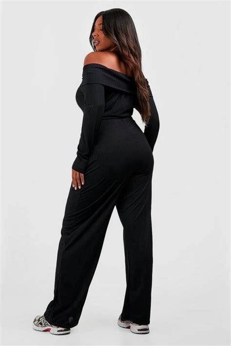 Jumpsuits Plus Rib Off Shoulder Wide Leg Jumpsuit Boohoo