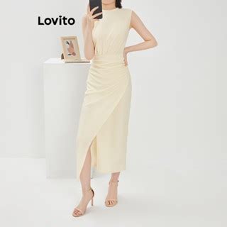 Lovito Women Asymmetrical Ruched Split Front Dress L68ED144 Khaki